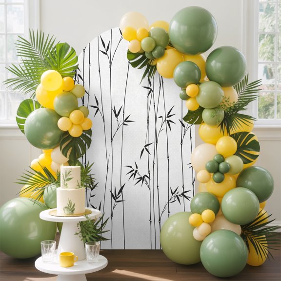 Black Bamboos Arch Backdrop Cover, 4FT, Minimalist Bamboos Stems Leaf Gray Spandex Arch Covers Double-Sided Backdrop for Wedding Birthday Party Photo Background Decoration
