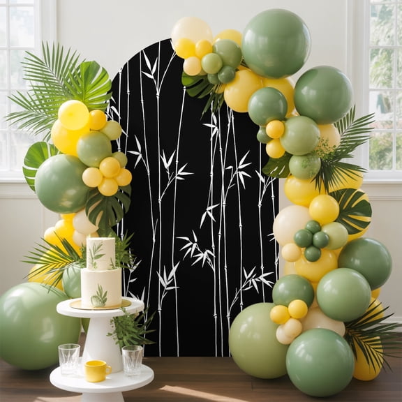 Black Bamboos Arch Backdrop Cover, 4FT, Minimalist White Bamboos Stems Leaf Spandex Arch Covers Double-Sided Backdrop for Wedding Birthday Party Photo Background Decoration