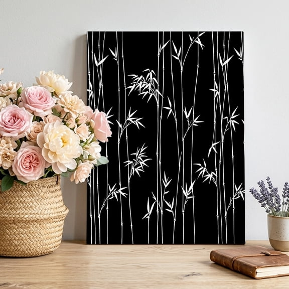 Black Bamboos Canvas Wall Art for Living Room, Minimalist White Bamboos Stems Leaf Poster Print Painting for Bedroom Office Home Decoration Wall Pictures Prepare To Hang 11"x14"
