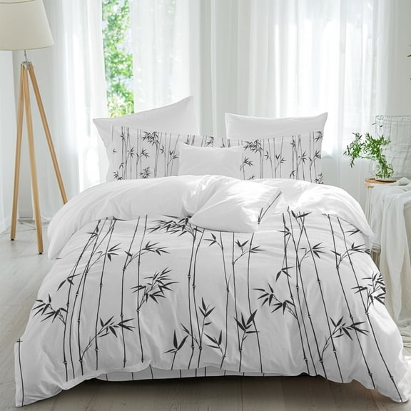 Black Bamboos Comforter Set Queen Size, Minimalist Bamboos Stems Leaf Gray Soft Bedding Set for Man Woman, 4 Pieces Duvet Cover Set with Fitted Sheet, 2 Pillowcases