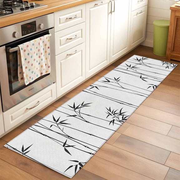 Black Bamboos Hallway Washable Runner Rug 2x6 Minimalist Bamboos Stems Leaf Gray Kitchen Runner Mat with Non Slip Backing Low Pile Thin Floor Carpet for Indoor Laundry Bedroom Bathroom Living Room