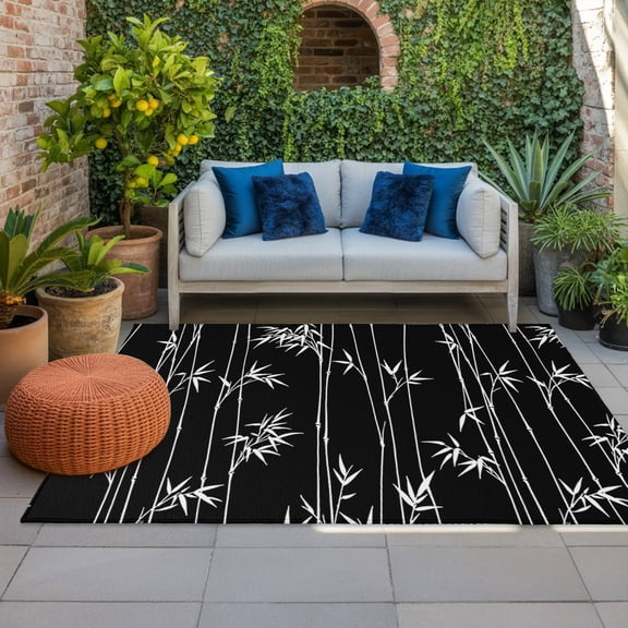 Black Bamboos Indoor Outdoor Rugs 5x7 Ft, Minimalist White Bamboos Stems Leaf Outdoor Patio Rugs Mat Washable Outside Area Rugs Carpet for Porch Deck RV Camping Pool Balcony Backyard