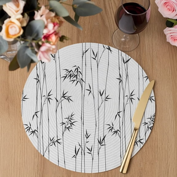 Black Bamboos Round Braided Placemats Set of 1, Minimalist Bamboos Stems Leaf Gray Heat Insulation Place Mats Washable Non-Slip Table Mats for Kitchen Dining Party, 13 Inches