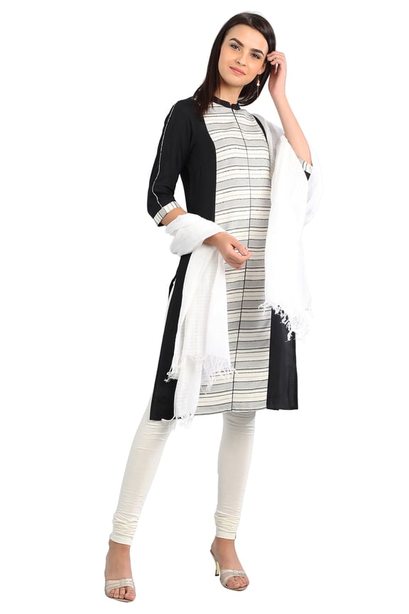 Black Band Collar Yarn-dyed Kurta-Large