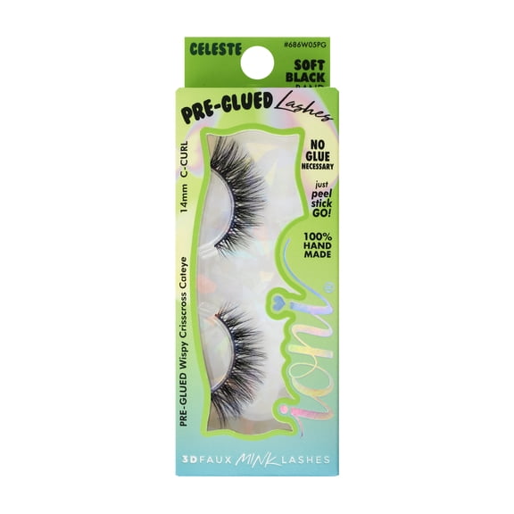 IONI Cosmetics PRE-GLUED BLACK BAND lash CELESTE, wispy crisscross cateye, C-curl 14mm