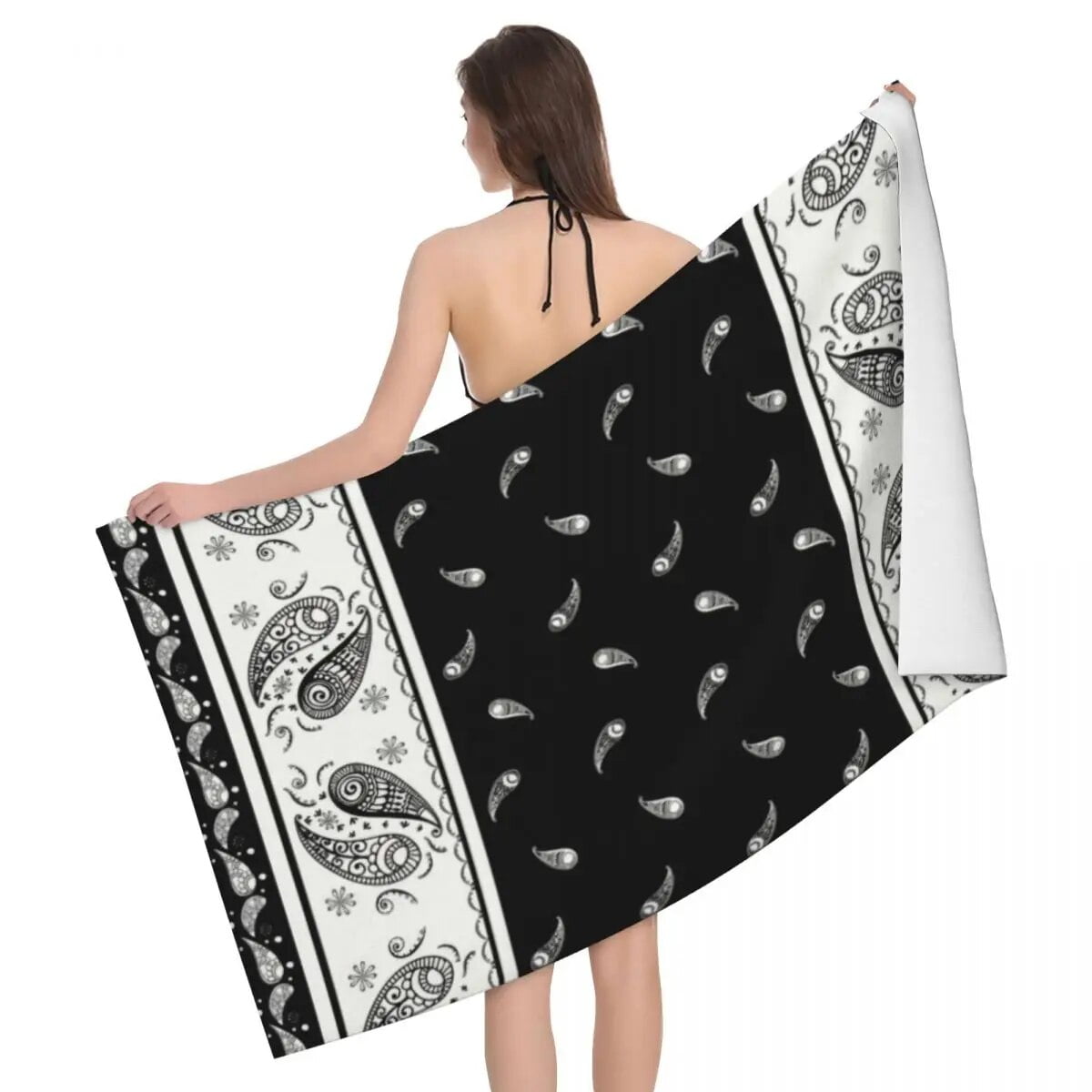 Black Bandana Beach Bath Towel Microfiber Paisley Western Cowboy Outlaw
