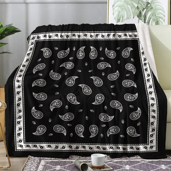 Black Bandana Throw Blanket, Fleece Blanket for Couch Bed Sofa, Paisley Blankets and Throws, Super Soft Cozy Fuzzy Plush Flannel Blanket, 30x40, Bandana Bedroom Set & Decor