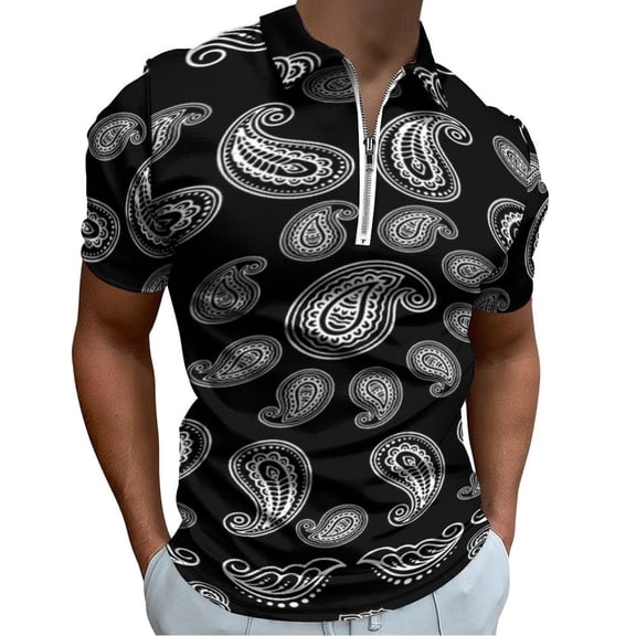 Black Bandanna Pattern Men Zipper T-shirt Summer Casual Short Sleeve T-shirt Top
