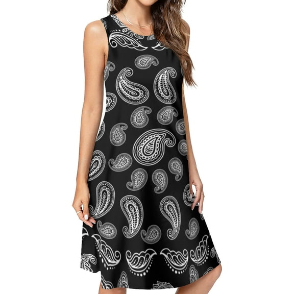 Black Bandanna Pattern Spring Summer Dresses for Women Fashion T-shirt Dress Casual Sleeveless Loose Sundress with Pockets