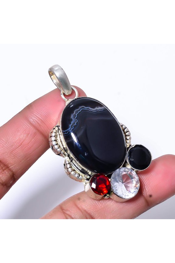 Black Banded Agate - Botswana & Multi 925 Sterling Silver Pendant 2.15" P91