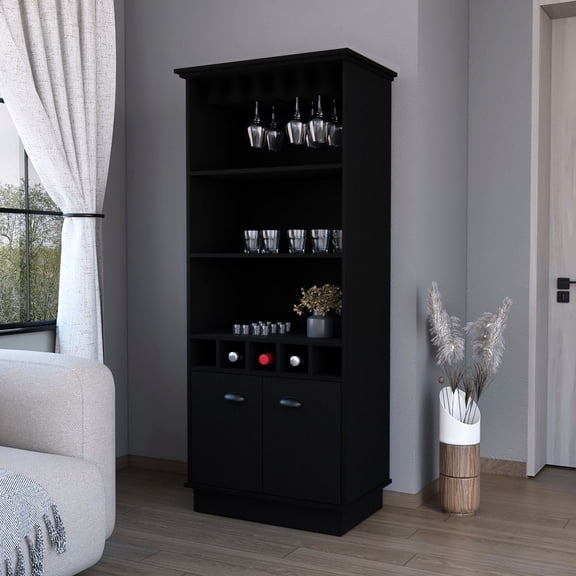 Black Bar Cabinet with Glassware Rack | Ideal for Primary Living Space Use | Solid Wood - Built for Long - lasting | Secure Storage for Wine and Liquor