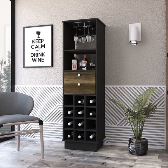 Black Bar Cabinet With 12 Holder And 2 Stylish Drawers 2 For 12 Bottles Practicality