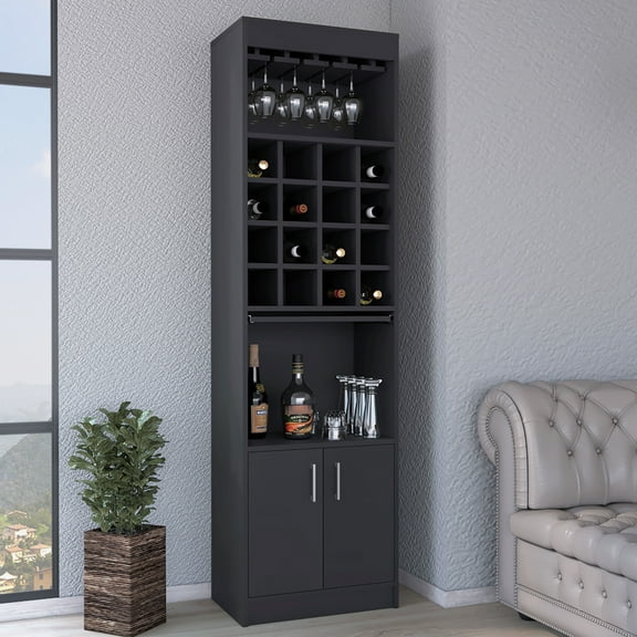 Black Bar Cabinet With Double Doors And Two Shelves, Housing 16-built-in Wine Rack For Modern Living Spaces Doors, 16-integrated Areas