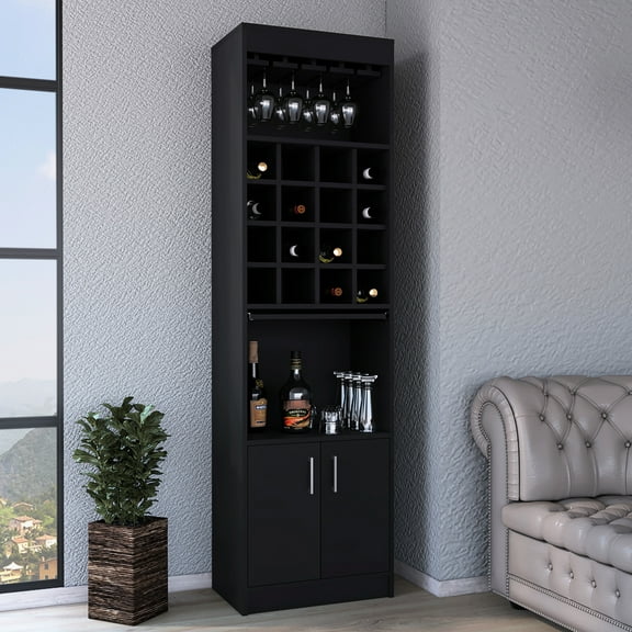 Black Bar Cabinet With Double Doors, Two Shelves, And 16-built-in Wine Rack For Captivating Living Areas Doors Containing Modern