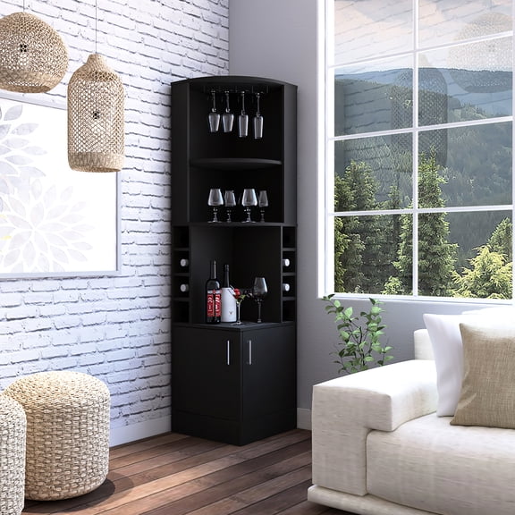 Black Bar Cabinet With Glass Shelf And Double Door, 8 Built-in Wine , Storage, At Bottom, 3 Open Shelves Corner In Rack & Stemware Rack, Beneath,