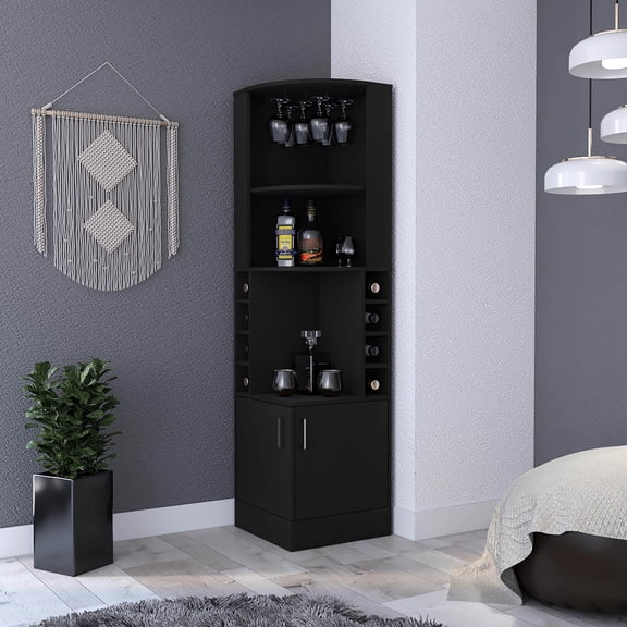 Black Bar Cabinet with Double Storage and Wine Racks - Fit for Small Home Bars