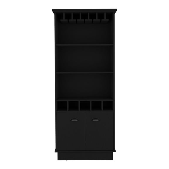 Black Bar Cabinet with Glassware Display and Concealed Storage / Ideal for Living Room Use