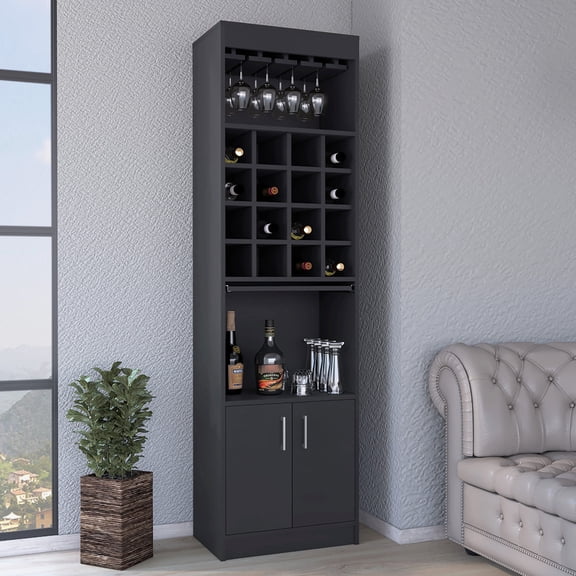 Black Bar Cabinet with Open Shelves and Wine Racks / Functional in Living Areas