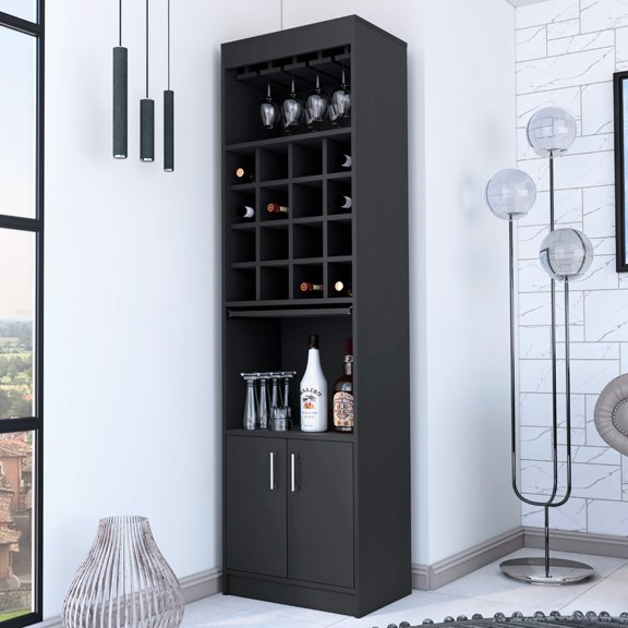 Black Bar Cabinet with Shelving | Adjustable Shelf for Versatile Use, Glassware Holder | Particle Board Material | Suitable for Wine Collections