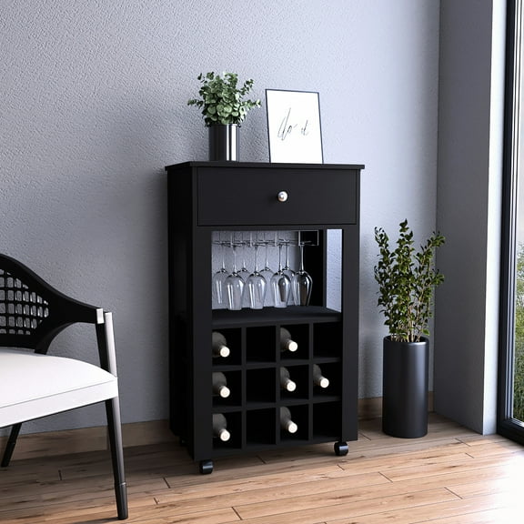 Black Bar Cart Featuring Twelve-built-in Wine Rack And Box Holder With 8-glass Capacity Storage
