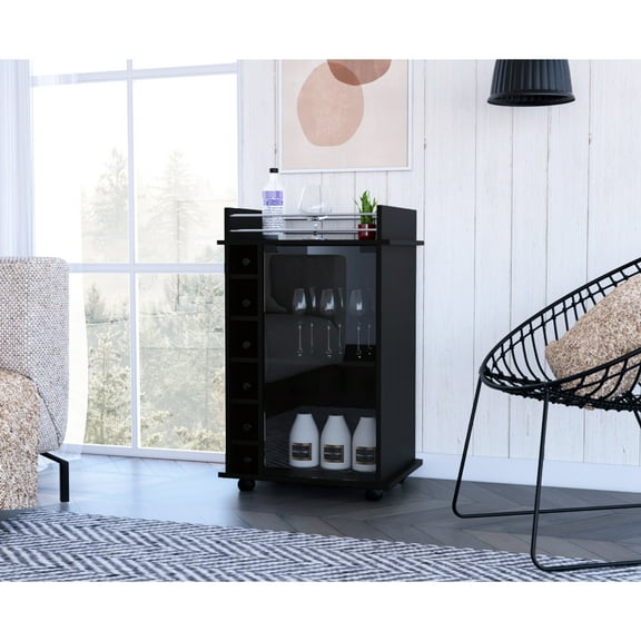 Black Bar Cart With Glass Door And Two Shelves, Four Locking Mechanism, Spacious Top Metal Rail, Holds 6 Bottles Of Liquor Cart, Black, Featuring Interior Lock, Accommodates