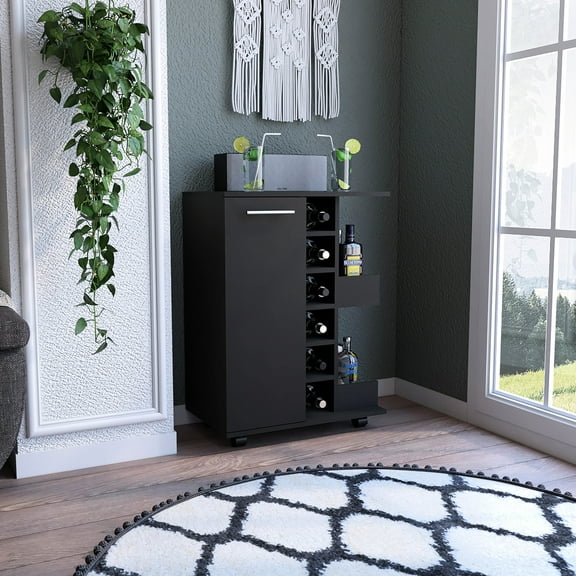 Black Bar Cart With Two External Shelves, Four , Six Wine Rack And Modern Design Cabinet Rectangular Cart, Liquor Bottle Open Shelves Without Rail Guards