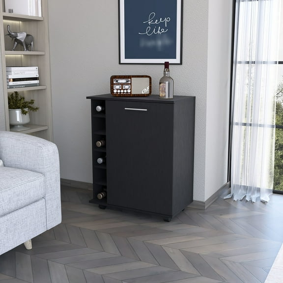 Black Bar Cart With 6 Stand, Sufficient Inner Storage And Movable Wheels Copious Caster In