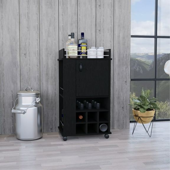 Black Bar Cart With Cabinet, 6 Built-in Wine , For Modern Home Area Rack Slots And , Vibe