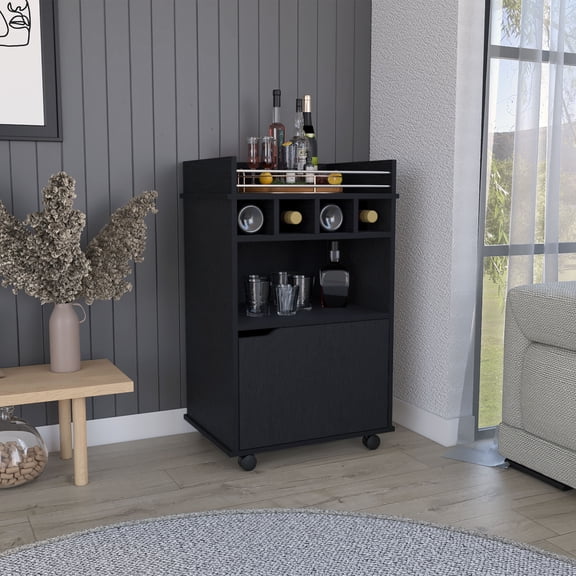 Black Bar Cart with Cabinet, 2 Open Shelves, and 4 Cubbies