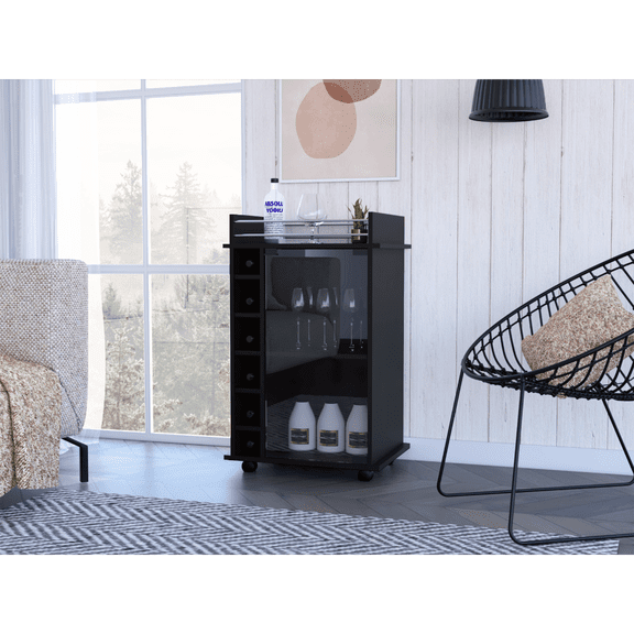 Black Bar Cart with Glass Door, Two Shelves, and Locking Casters