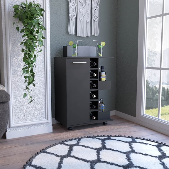 Black Bar Cart with Single Door Cabinet, Wine Rack, and Locking Casters