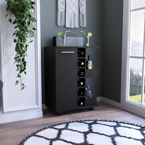 Black Bar Cart with Six Built-in Wine Racks and Enclosed Shelves | Suited for Dining Room Ambiance | Adds Elegance and Convenience