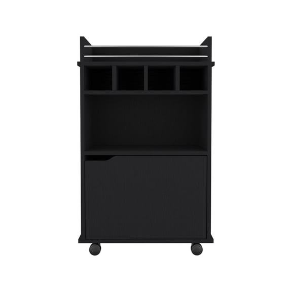 Black Bar Cart with Wine Storage - 35" Mobile Serving Cart with 4 Bottle Slots & Cabinet, Compact Kitchen Island