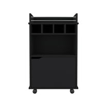 Black Bar Cart with Wine Storage - 35" Mobile Serving Cart with 4 Bottle Slots & Cabinet, Compact Kitchen Island