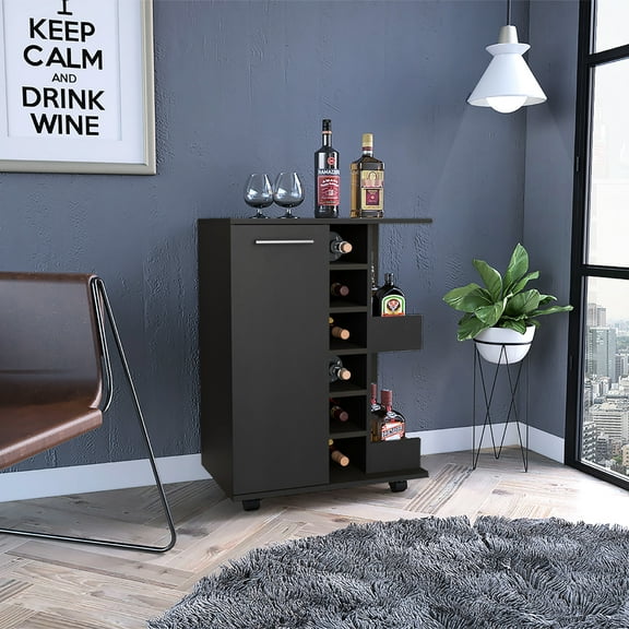 Black Bar Coffee Cart, 32" H, Cabinet Storage With 4 Wheels, 1 Shelf Division, Folding Door, 6 Bottle & 2 Side Shelves Aluminum Front H Bar-coffee Cart Storage, 4-wheeled, Divided Shelf, Frontpiece