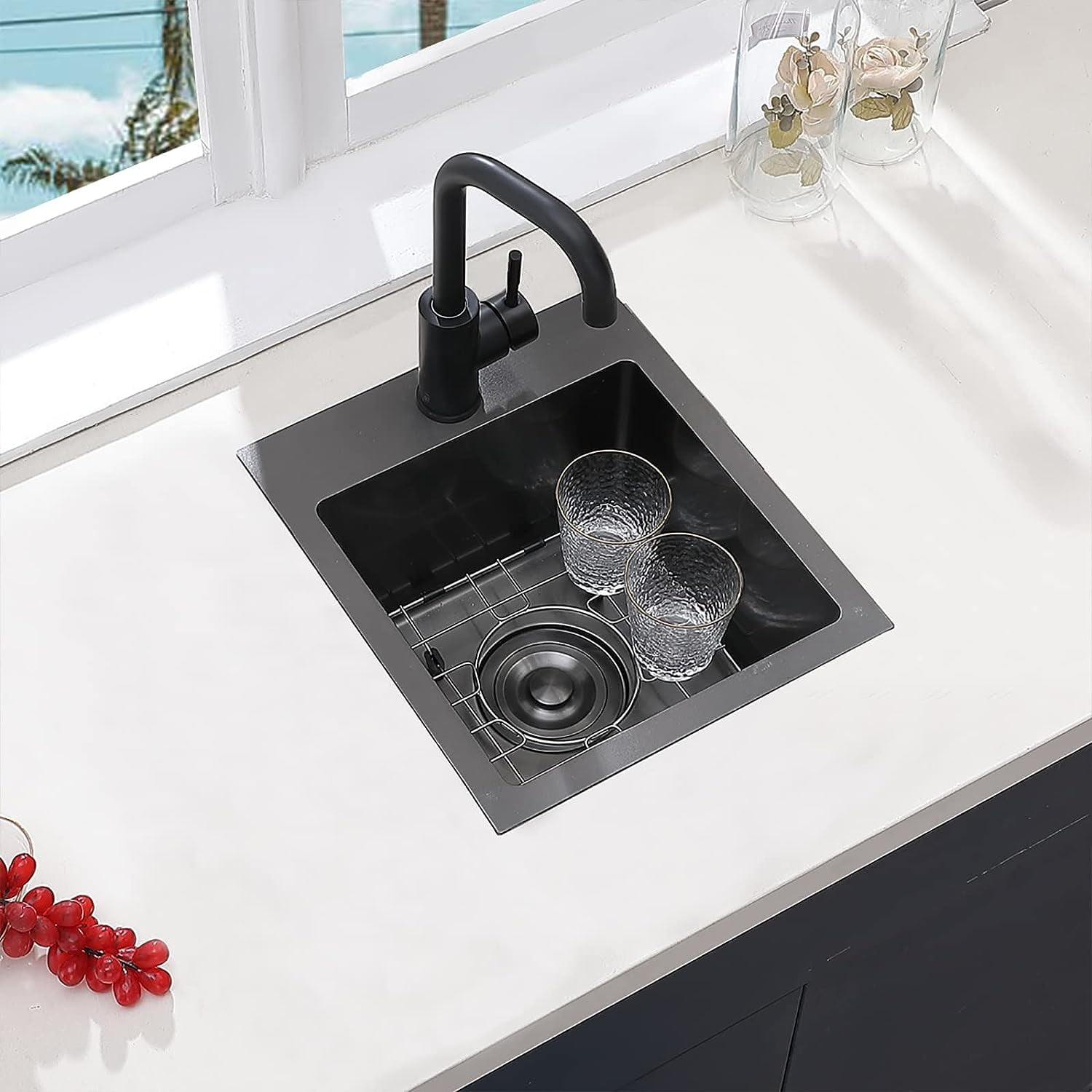 Black Bar Sink Drop in, 13 x 15 Inch Topmount RV Small Kitchen Sink