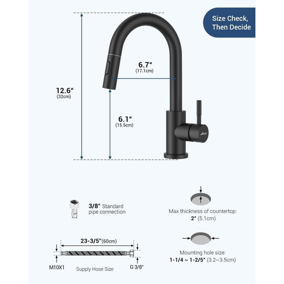 Black Bar Sink Faucet, Modern Single Handle High Arc Pull Down Sprayer Kitchen Faucets with Deck Plate 1 to 3 Holes, 2 Modes Stainless Steel Utility Prep Faucet for RV Camper Outdoor