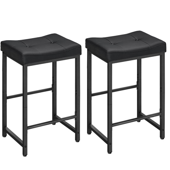Black Bar Stools, 25.4 Inch Saddle Stools With Tufted PU Upholstery, Counter Height With Footrest, For Kitchen, Dining, Cafe