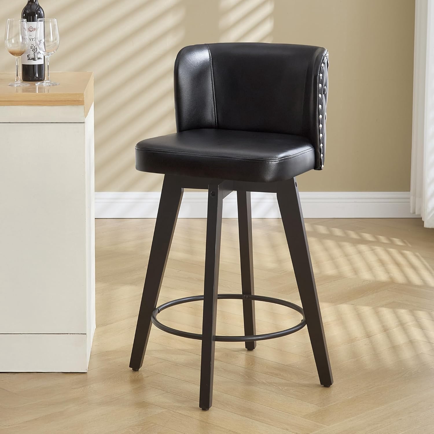 Button Back Stools Black Bar Stools- 360 Swivel Bar Stools with Back Faux Leather Button ...