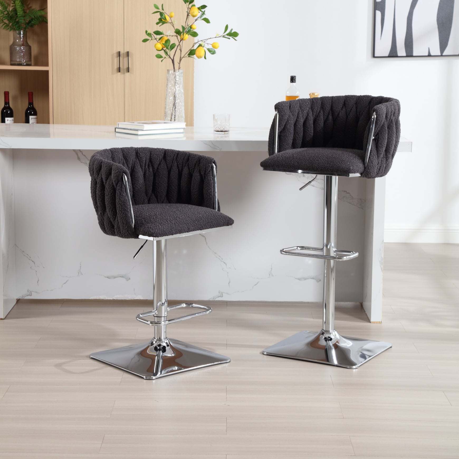 Black Bar Stools Set of 2, Swivel Barstools with Back and Widen Metal