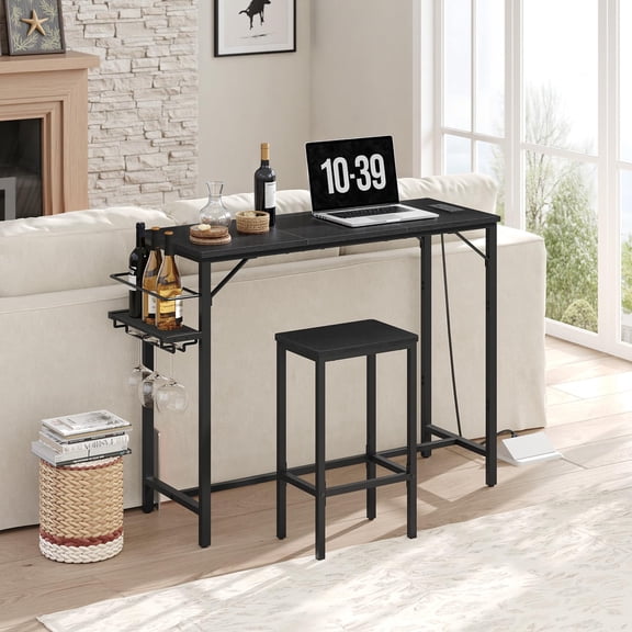 Black Bar Table, 35.4-Inch Counter Height Pub Table With Charging Station, Rectangular Dining Table With Wine Rack And Glass Holder