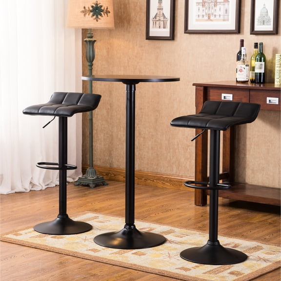 Black Bar Table And 2 Rotating Bonded Leather Stools, Adjustable, Dining Room Addition Modern Metal Swiveling Adjustable For Area Flair