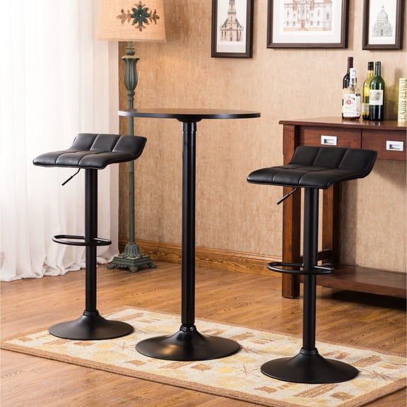 Black Bar Table And 2 Rotating Bonded Leather Stools, Adjustable Height, Dining Room Feature Element Ideal For