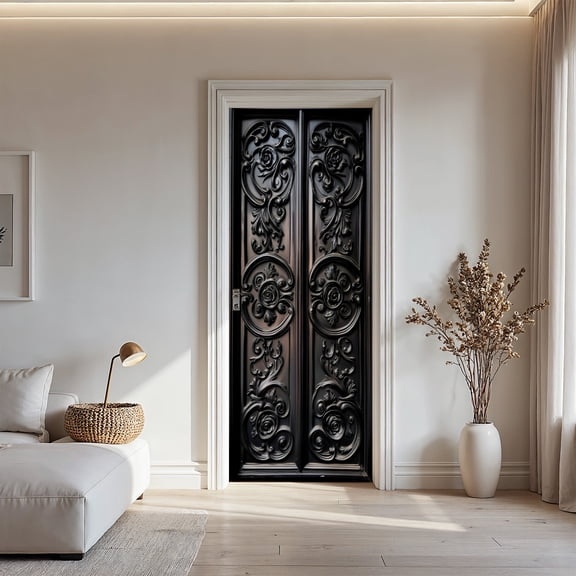 Black Baroque Carved Floral Door Sticker Self-Adhesive PVC Gothic Style Decal for Living Room Bedroom and Wall Decor Peel and Stick No Tools Needed