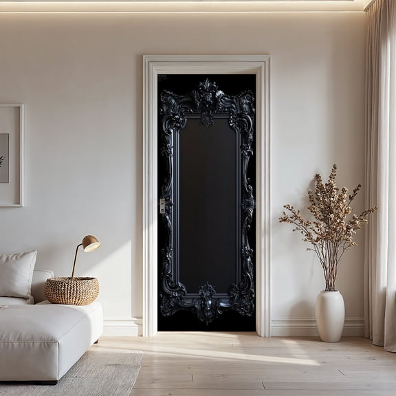 Black Baroque Carved Frame Door Sticker - Self-Adhesive PVC Gothic Style Decal for Living Room, Bedroom & Wall Decor