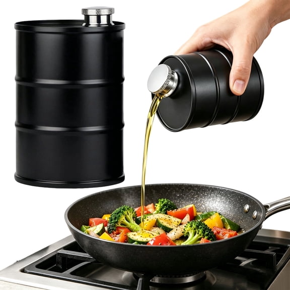 Black Barrel-Shaped Stainless Steel Oil Dispenser, 750ml Leak-Proof Kitchen Cruet with Screw Cap for Cooking Oil, Vinegar