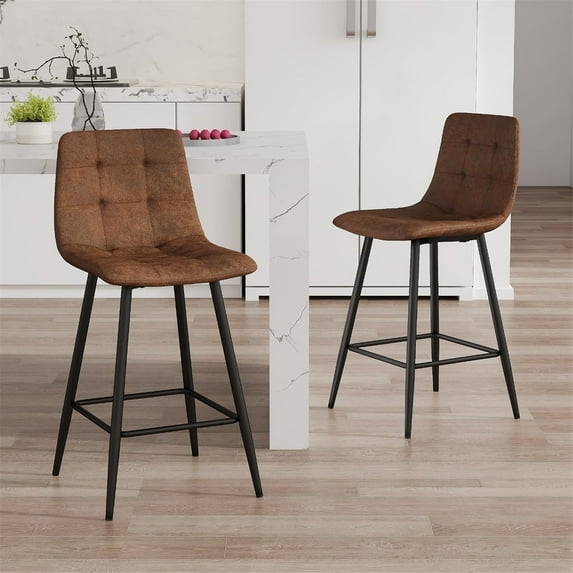 SUDICA Set of 2 Brown Faux Deer Suede Counter Height Bar Stools, Upholstered 24.4" Bar Chairs with Black Metal Legs for Kitchen Island or Home Bar