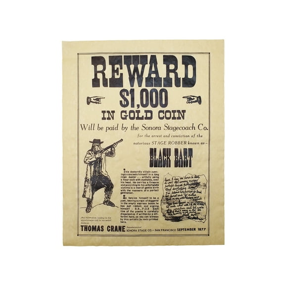Black Bart Reward Wanted Poster Western Decor Parchment Paper Man Cave Wall Art