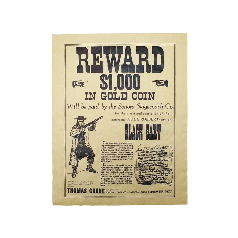 Black Bart Reward Poster Parchment Paper Wall Art Western Man Cave Bar Pub Decor Black Bart Reward Poster Parchment Paper Wall Art Western Man Cave Bar Pub Decor