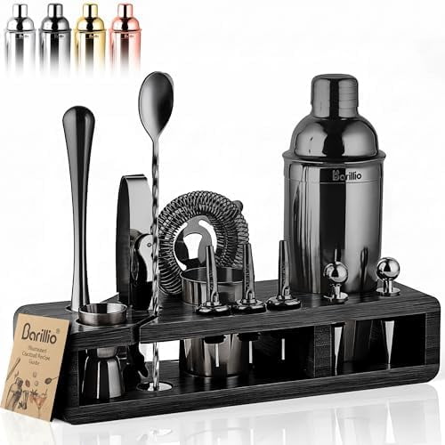 Black Bartender Kit - Stainless-Steel Cocktail Shaker Set w/Black Bamboo Stand - Mixology Bar Tools w/Drink Shaker, Mixer and Muddler for Cocktails - Home Bar Accessories - 23-Pc Bar Set